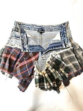 NWOT Rehab Lab Patchwork Plaid Denim Skort Shorts Y2K Grunge Aesthetic Size M